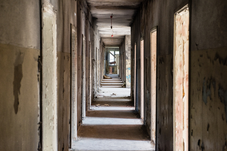 interior of an old abandoned soviet hospital in military town of  skrunda, latviaの写真素材