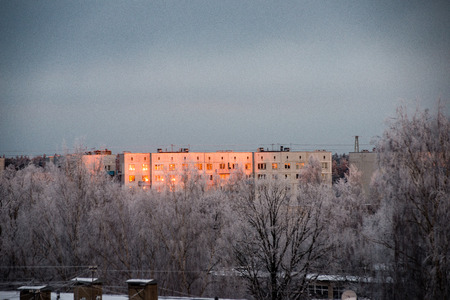 frozen countryside scene in winter with snow. fields of snowの写真素材