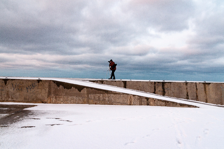 frozen countryside scene in winter with snow. beach scene with ice blocksの写真素材