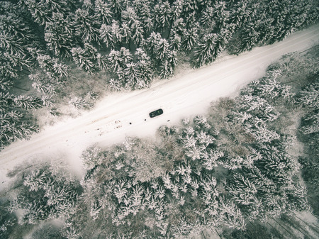 aerial view of winter forest covered in snow. drone photography - vintage effectの写真素材