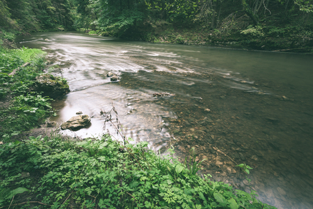 view to the mountain river in summer surrounded by forest and sandstone cliffs - vintage green lookの写真素材