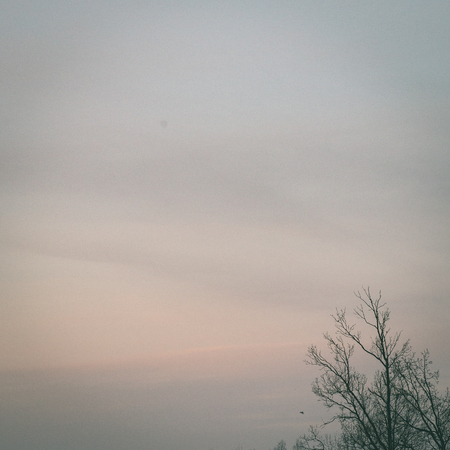 countryside fields in early spring with clouds and farmland - instant vintage square photoの写真素材