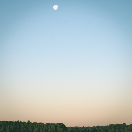symmetric reflections on calm lake water with forests and islands - instant vintage square photoの写真素材