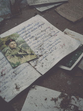 pieces of old letters and postcards in old house - retro, vintage style lookの写真素材