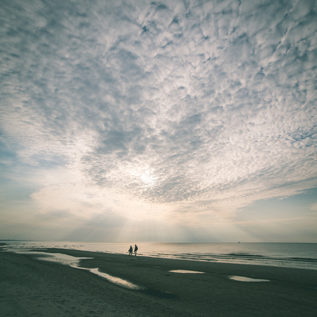 people walking on the sandy beach in sunset - instant vintage square photoの写真素材