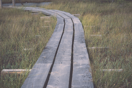swamp view with lakes and footpath - retro, vintage style lookの写真素材