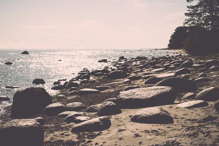 rocky beach in the baltic sea with plants and skyline - retro, vintage style lookの写真素材