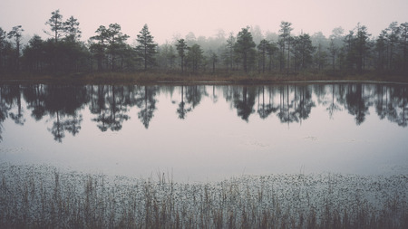 Autumn lake with reflections of trees and clouds - retro, vintage style lookの写真素材