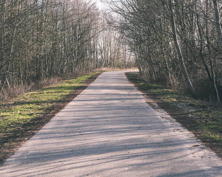 Winding country Road with clouds above and gravel surface surrounded by trees - vintage retro look