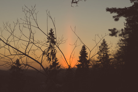 beautiful dark colorful sunrise over forest in winter frost - retro vintage style lookの写真素材