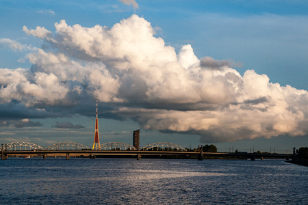 dramatic red sunset over Riga, capital of Latviaの写真素材