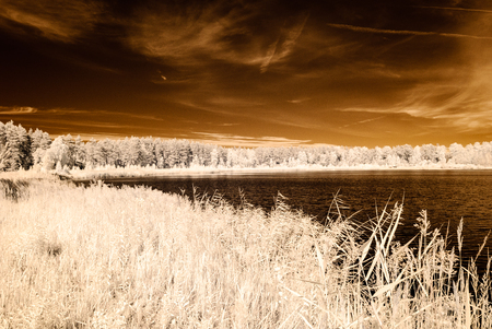 infrared camera image. colored. reflections of clouds in water in countrysideの写真素材