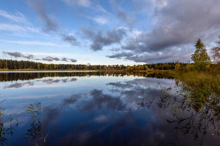 autumn colored trees on the shore of lake with reflections in water with white clouds above. wide angle landscapeの写真素材