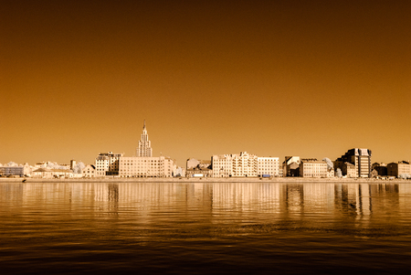panoramic view of Riga, Latvia over the river Daugava in sunny day. autumn colors. infrared imageの写真素材