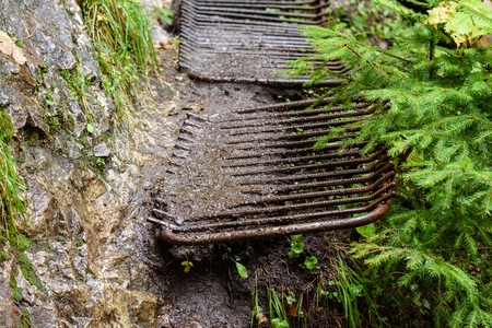 scenic and beautiful tourism trail in the park Slovensky raj, Slovakia. with ladders and bridgesの写真素材