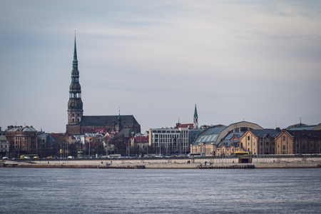 Riga city panorama in autumn with bridges and river Daugava in frontのeditorial素材