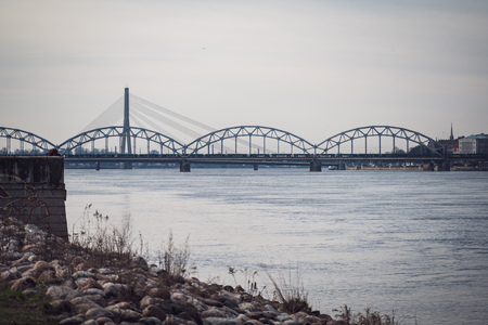 Riga city panorama in autumn with bridges and river Daugava in frontの写真素材