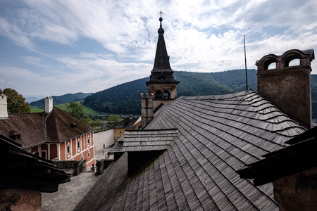 ruins of old abandoned castle on the cliff with bricks and stone. architecture details in Slovakiaのeditorial素材