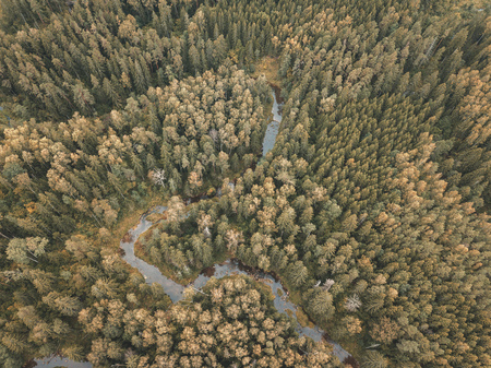 drone image. aerial view of rural area with fields and forests with snake river in woods. latvia,...