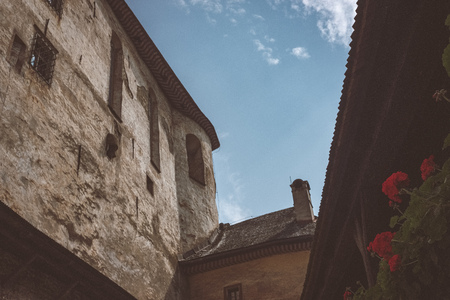 ruins of old abandoned castle on the cliff with bricks and stone. architecture details in Slovakia - vintage retro lookのeditorial素材