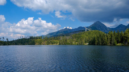 autumn nature reflection in lake of Strbske Pleso in Slovakia surrounded by trees and mountains