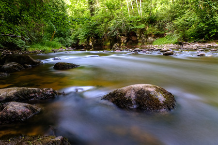 long exposure rocky mountain river in summer with high water stream level in forest with trees and sandy foreground shoreの写真素材