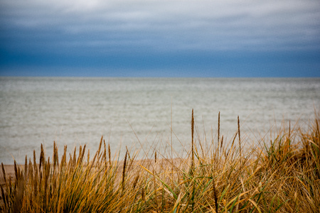 rocky coastline in Latvia with flow water in the sea and large rocks in late autumn. dull colors