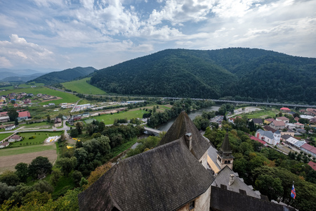 country village rooftops in Slovakia with mountains in backgroundの写真素材