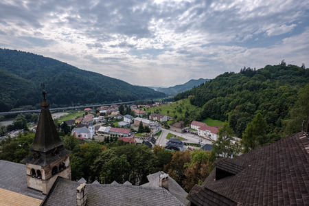 country village rooftops in Slovakia with mountains in backgroundの写真素材