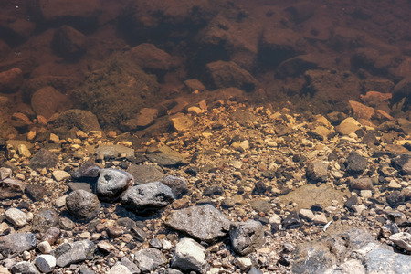 lakeside beach details with sand, rocks and blur background. seaside patternの写真素材