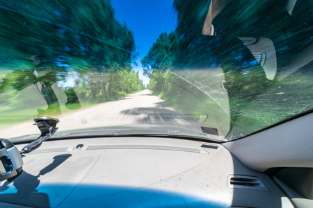 summer asphalt road in perspective with signs and markings, green forest on both sides