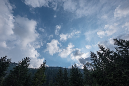 high contrast clouds on blue sky over natural landscape in summer at sunset timeの写真素材