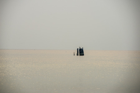 calm sea beach in summer with large rocks and wooden poles from old breakewater in the sea. blue skyの写真素材