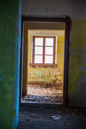 stone brick ruins of old building. fortress walls in green countrysideの写真素材