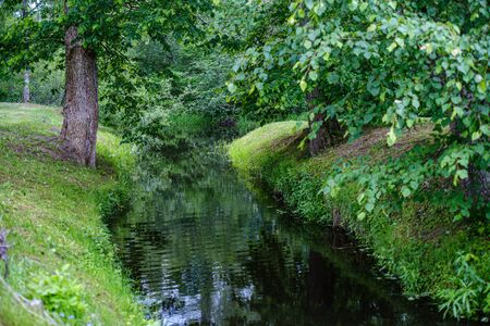 river in summer green shores with tree reflections in water calmの写真素材
