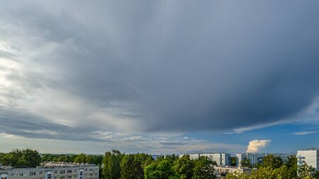 forest and meadow landscape in summer blue sky above. heatの写真素材