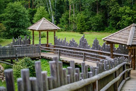wooden castle palace in forest. summer green foliage and sunny day