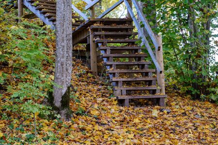 wooden stairs to watch tower in wet colored autumn day in countryside landscapeの写真素材