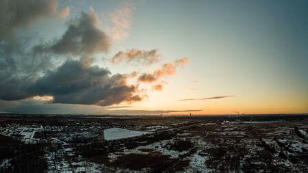 dramatic winter sunrise over city of Riga in Latvia. aerial drone imageの写真素材