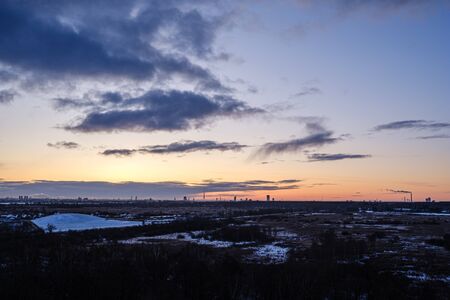 dramatic winter sunrise over city of Riga in Latvia. aerial drone imageの写真素材