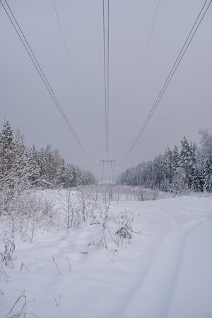 power line in winter day  with heavy snow fallの写真素材