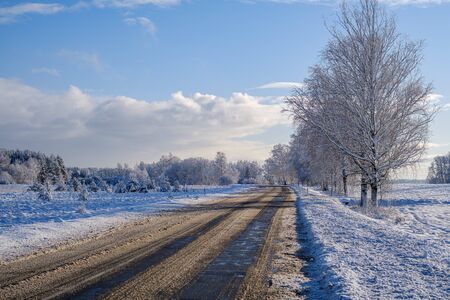 car tracks in the snow on the winter road in sunny day with frost on the treesの写真素材