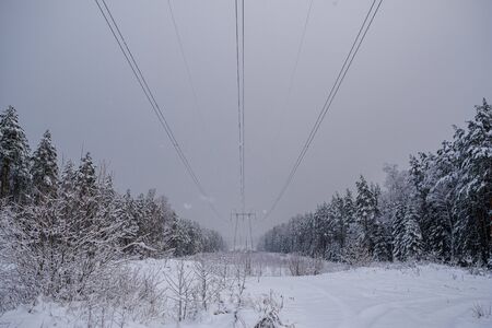 power line in winter day  with heavy snow fallの写真素材