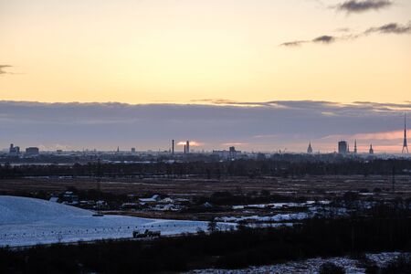 dramatic winter sunrise over city of Riga in Latvia. aerial drone imageの写真素材