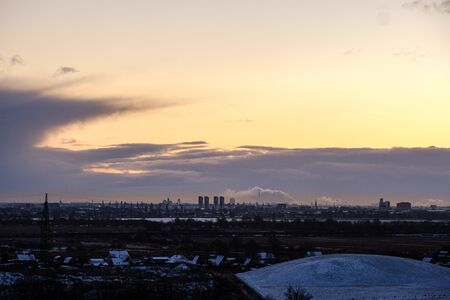 dramatic winter sunrise over city of Riga in Latvia. aerial drone imageの写真素材