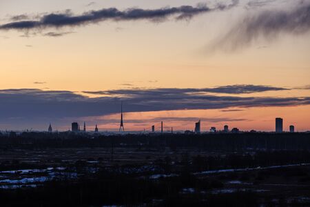 dramatic winter sunrise over city of Riga in Latvia. aerial drone imageの写真素材
