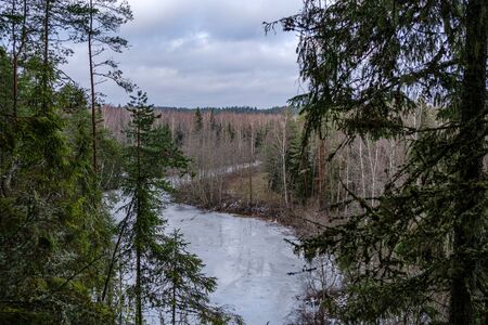 half frozen river in late autumn with trees with no leaves.  partial ice cover over river Gauja in Latviaの写真素材