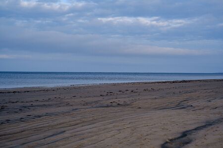 empty sea beach in autumn with some bushes and dry grass. water in perspectiveの写真素材