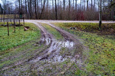 dirty wet dust road in autumn with large water puddlesの写真素材