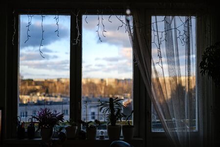 apartment windows in autumn with christmas decorations and winter sun on the street. dull tonesの写真素材